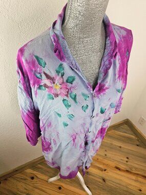 Jayli Gypsy Hand painted Tie Dye Floral Button-Down Cover-Up